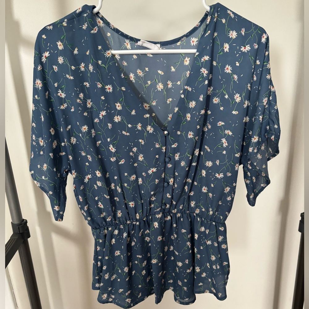 Blue Peplum Top with Daisy Print and Button Detail